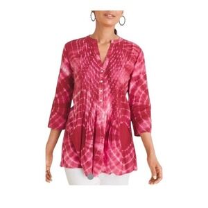 Chico's Size 3 US XL Pink Tie- Dye Tunic Top Pintuck Pleat Popover Boho Resort